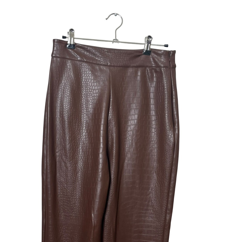 MESHKI Chocolate Brown Croc Embossed Faux Leather Skinny Pants Ankle Slit Medium - Picture 3 of 11